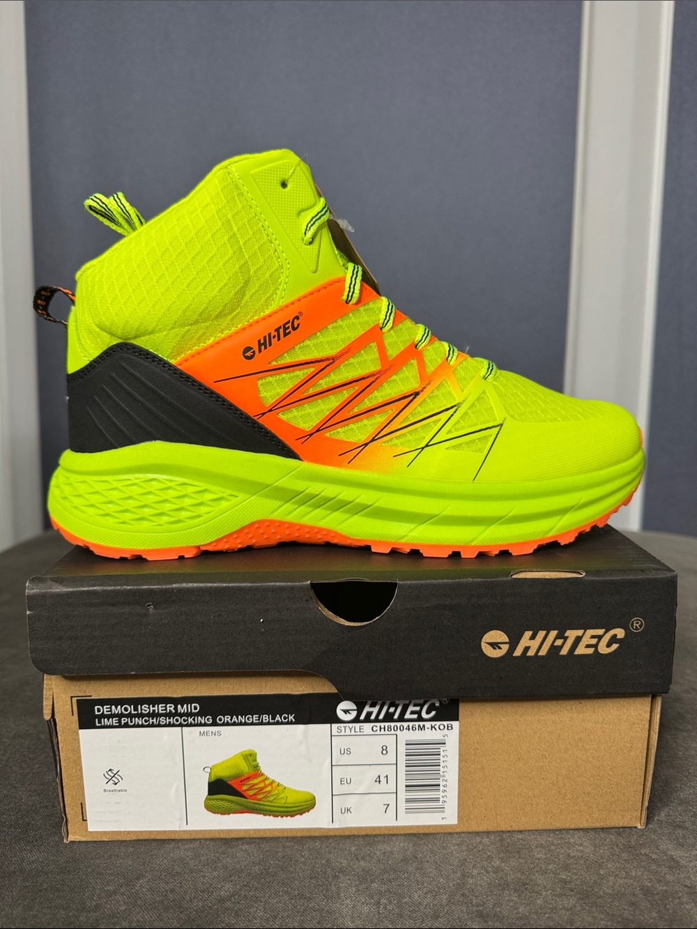 Mens Hi-Tec Demolisher Lime Punch Shocking Orange Mid-Top Trail Shoe Boot Size 8